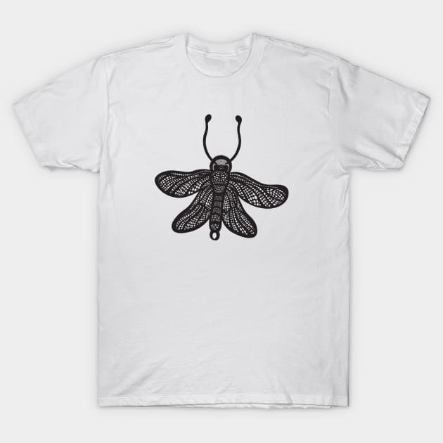 Owlfly Ink Art - detailed insect design - on white T-Shirt by Green Paladin